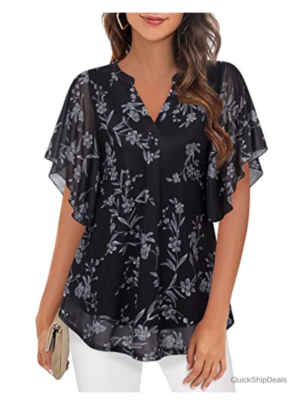 Women's Floral Mesh Tunic Top V-Neck Butterfly Sleeve Blouse